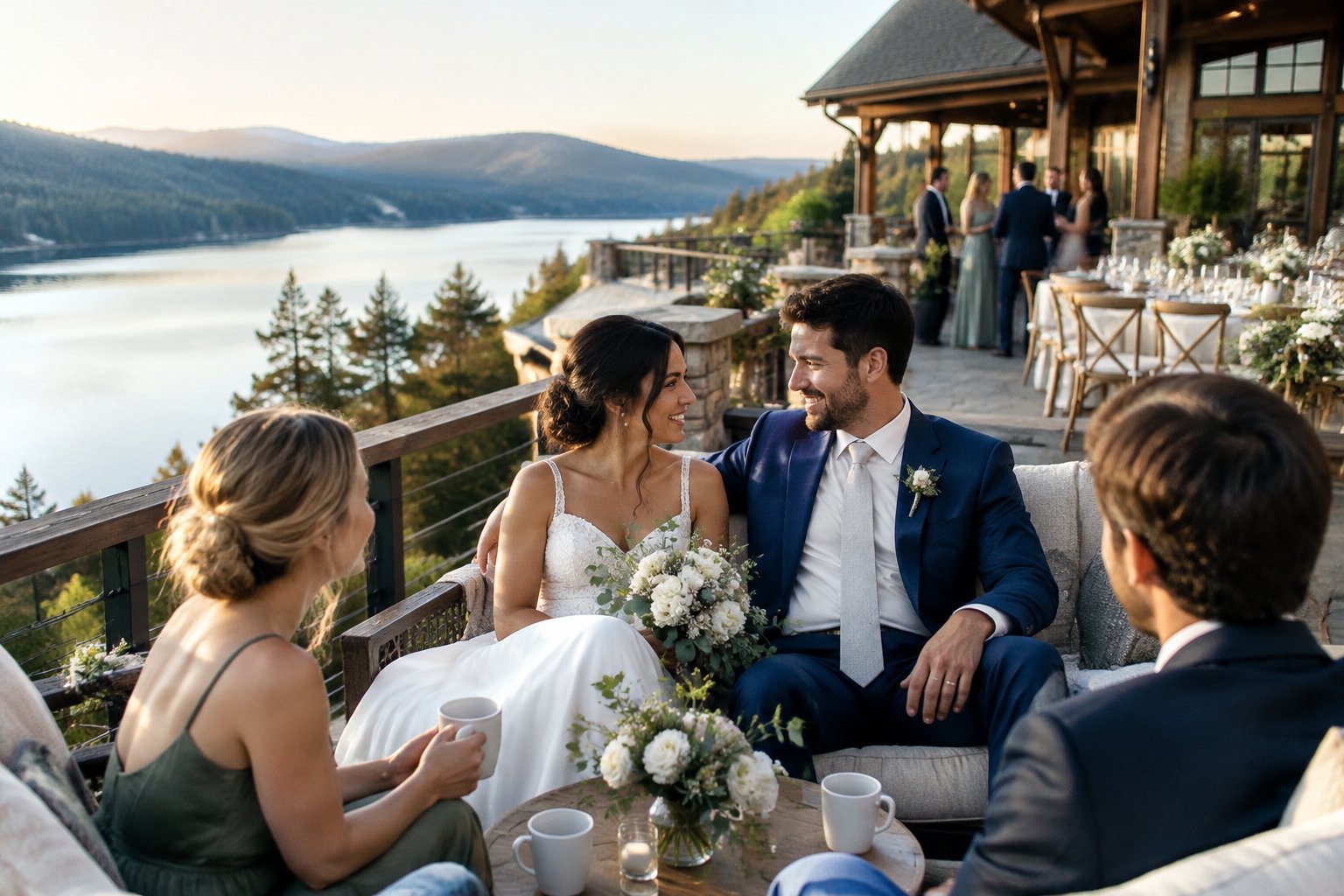 A newlywed couple and guests gather on a lakeside lodge terrace.