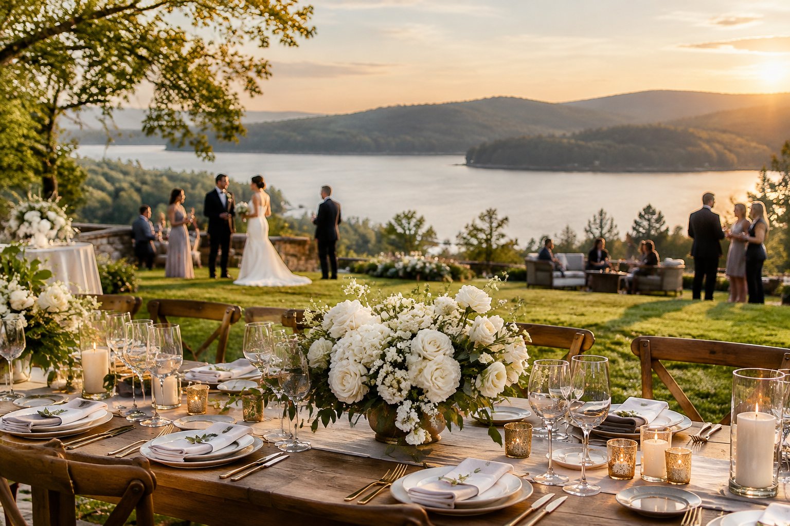 A wedding reception table overlooking a lake and wooded ridge.