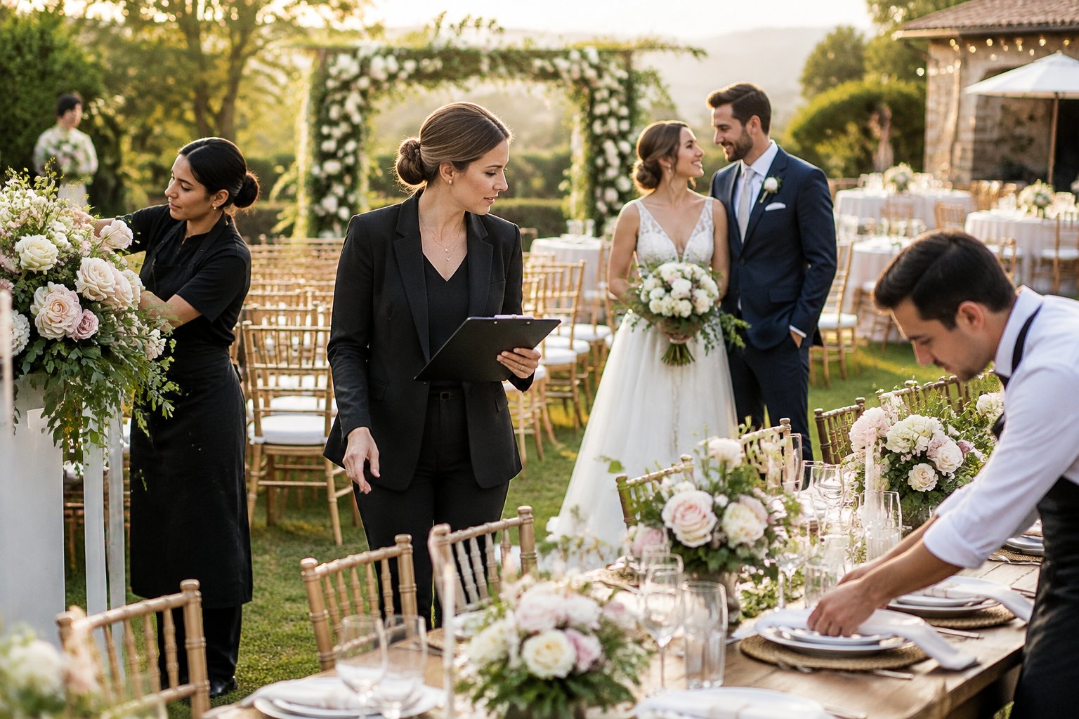 A wedding coordinator oversees preparations while the couple enjoys a relaxed moment at their outdoor wedding.