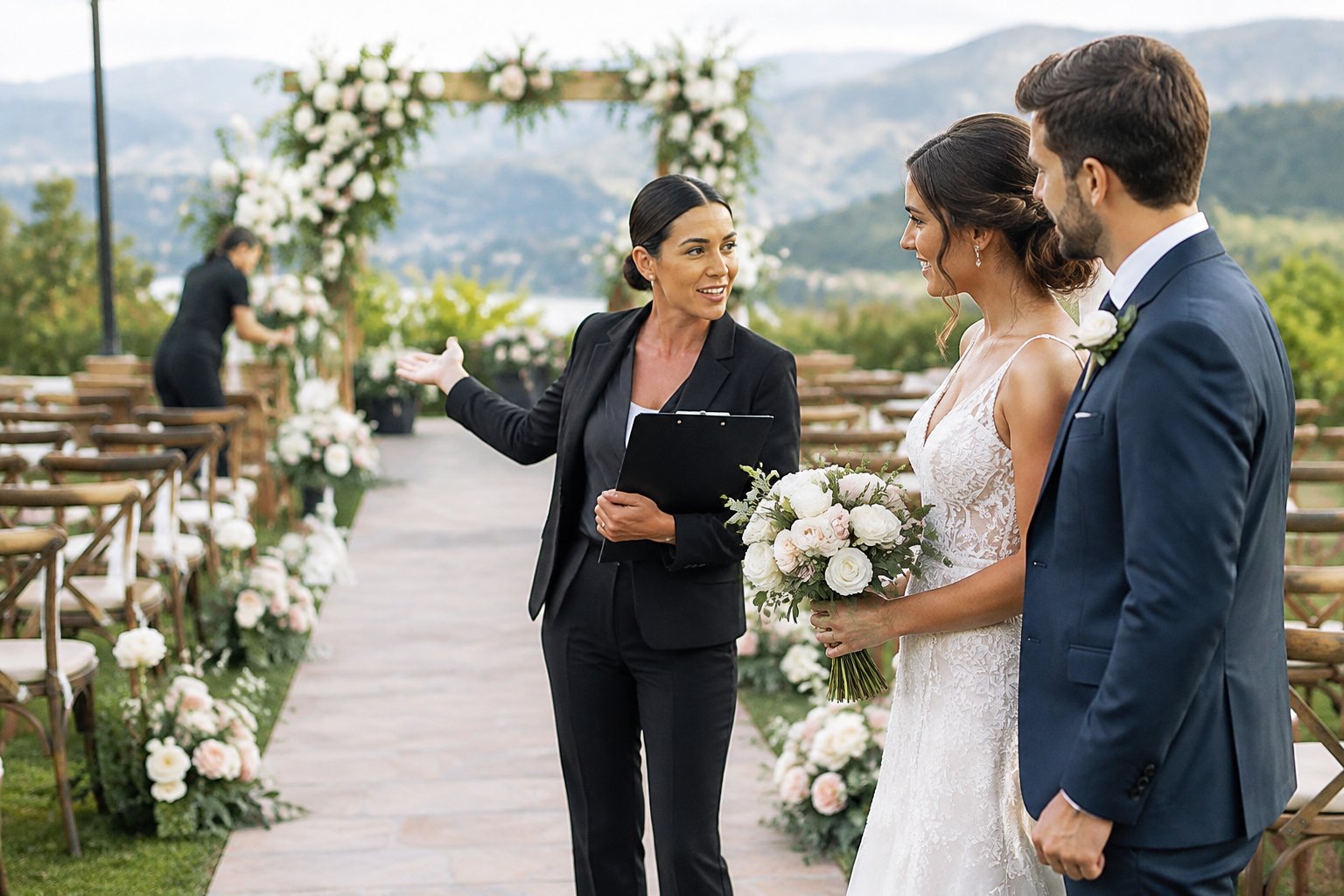 A wedding coordinator guides a couple while overseeing preparations at their outdoor ceremony.