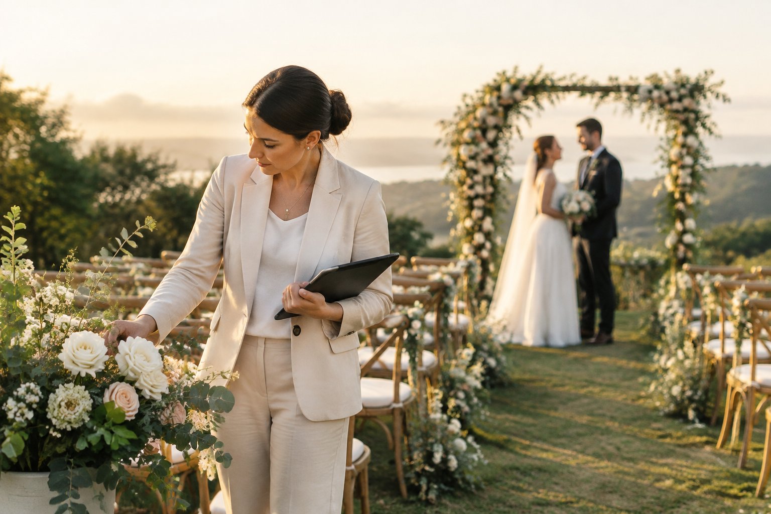 A wedding coordinator prepares a ceremony space while the couple relaxes nearby.