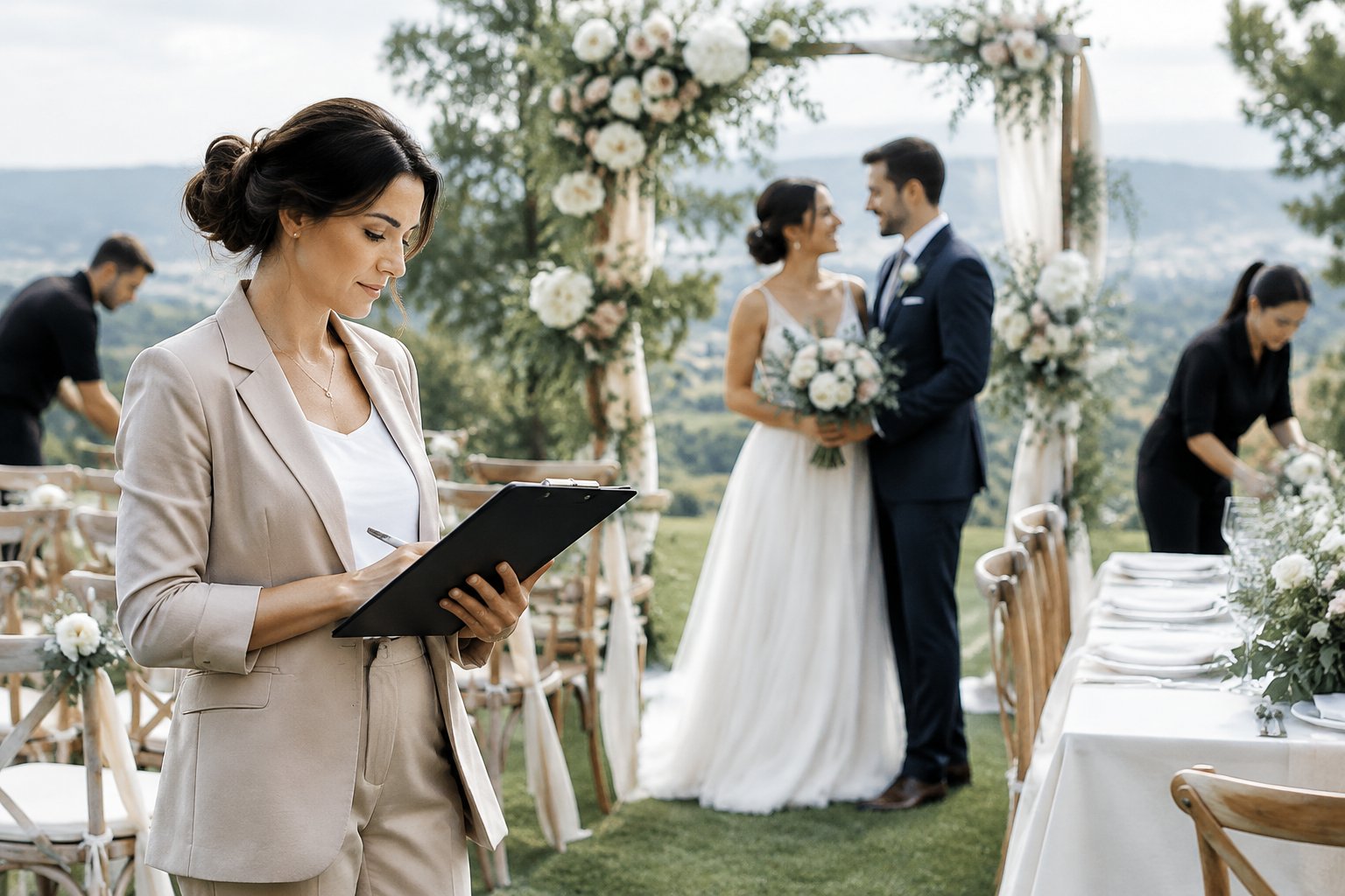 A wedding coordinator checks a clipboard while overseeing preparations as a couple stands near their ceremony space.