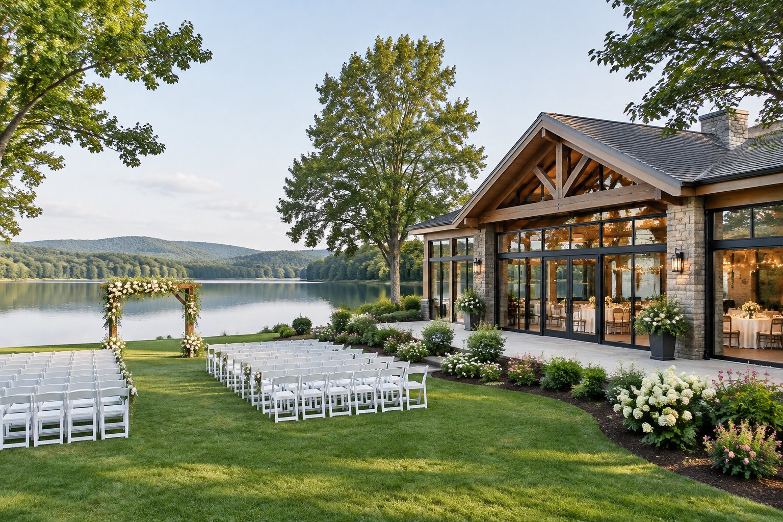A wedding venue and ceremony setup beside a calm lake.
