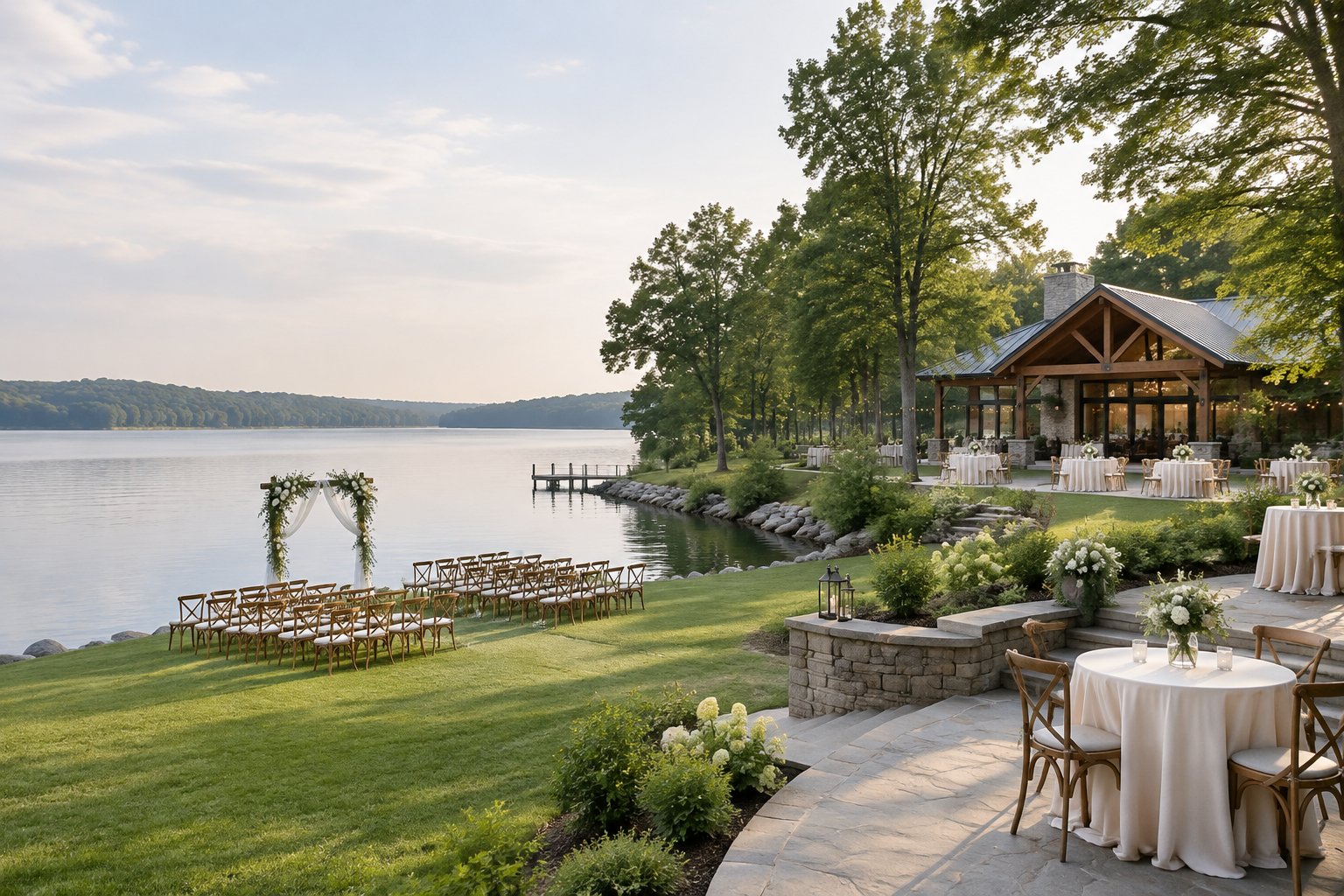 A wedding ceremony setup beside a lakeside event venue.