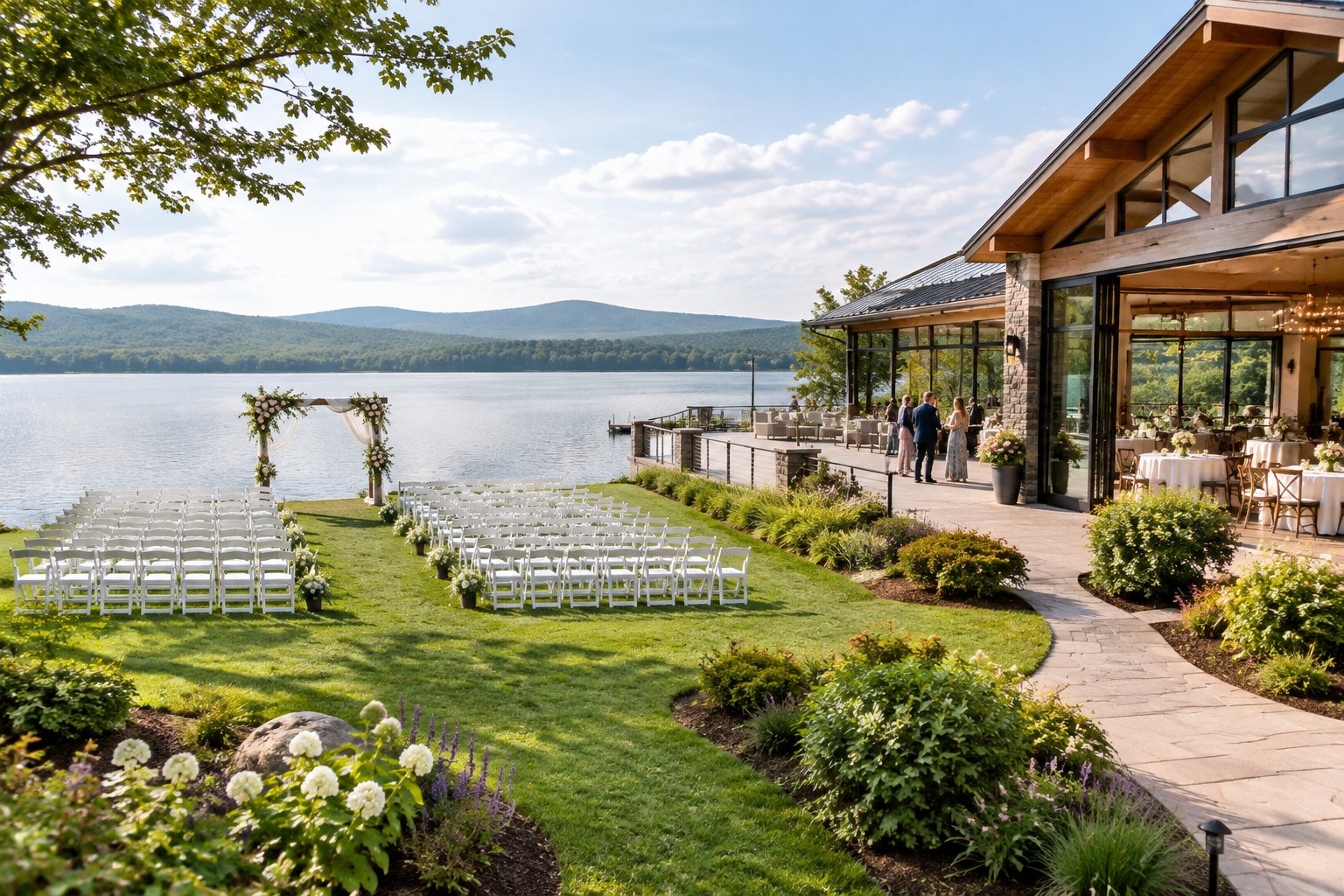 A lakeside wedding ceremony lawn beside an elegant reception space.