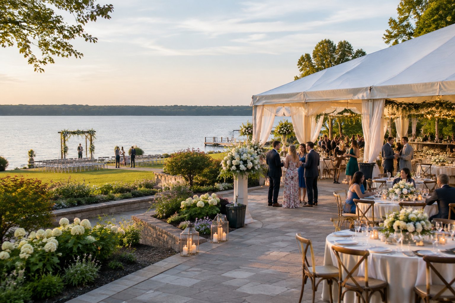 Guests gather at a lakeside venue set up for a celebration.