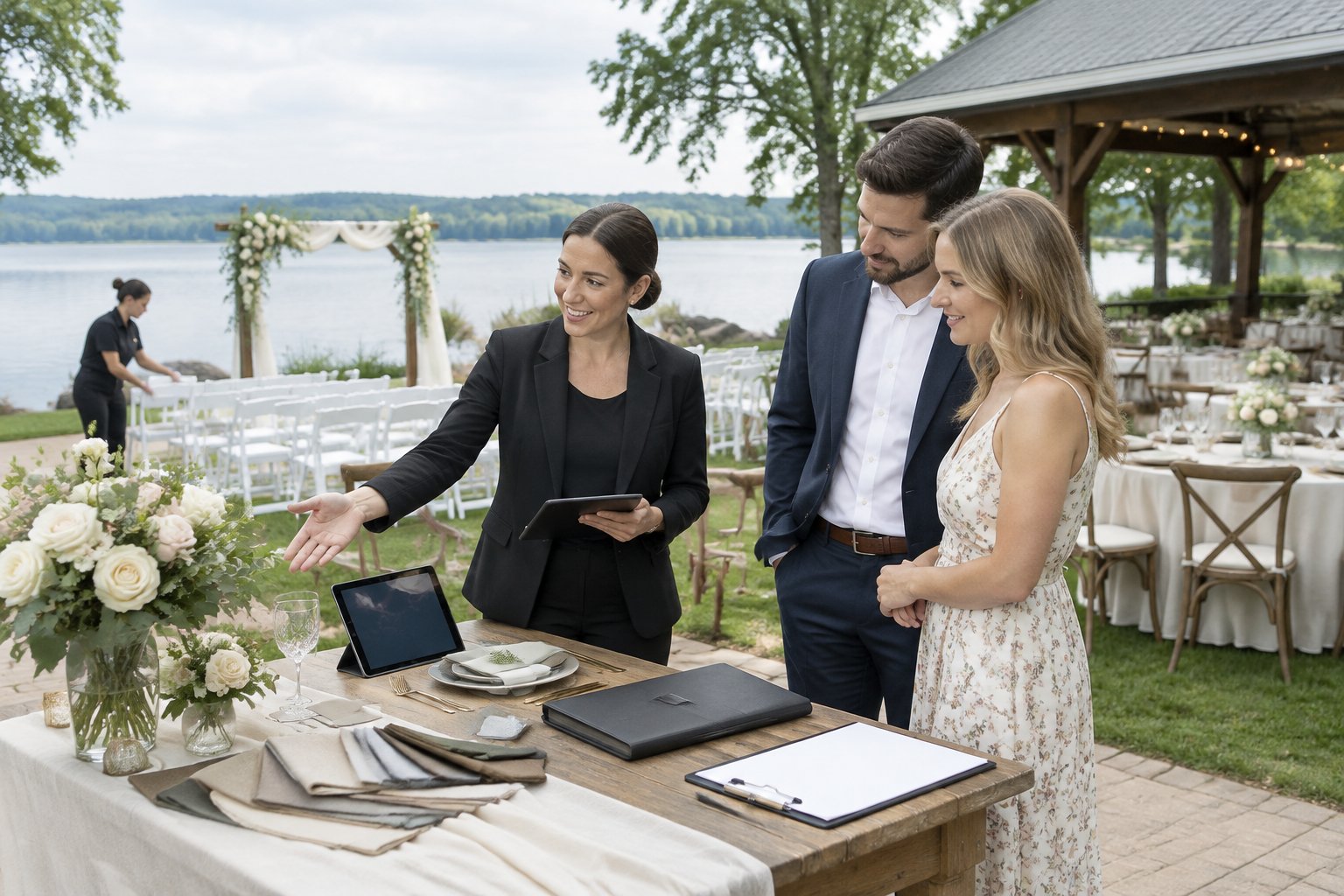 A wedding coordinator reviews event arrangements with a couple at a lakeside venue.