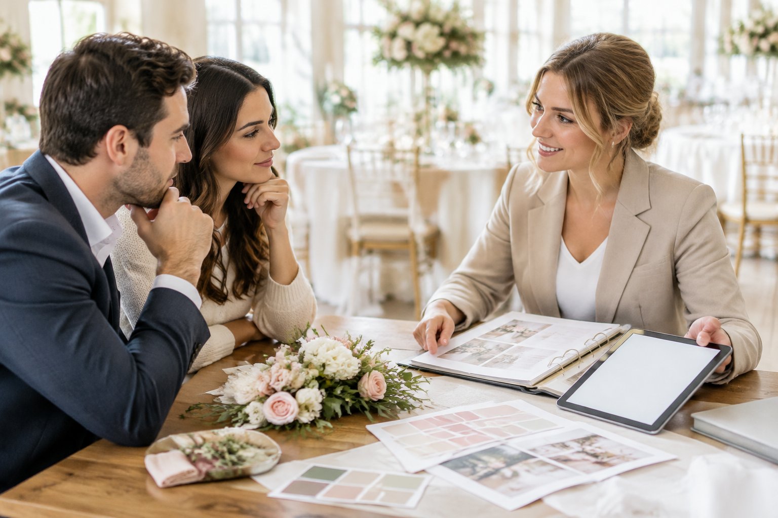An engaged couple reviews wedding plans with a wedding planner at a table.