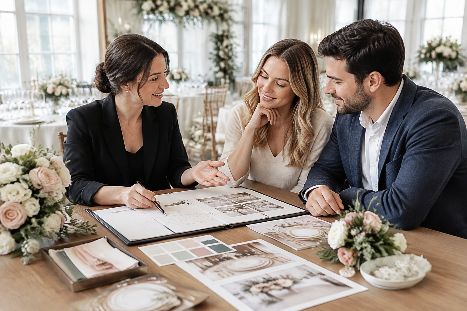 A wedding planner reviews arrangements with an engaged couple at a table.
