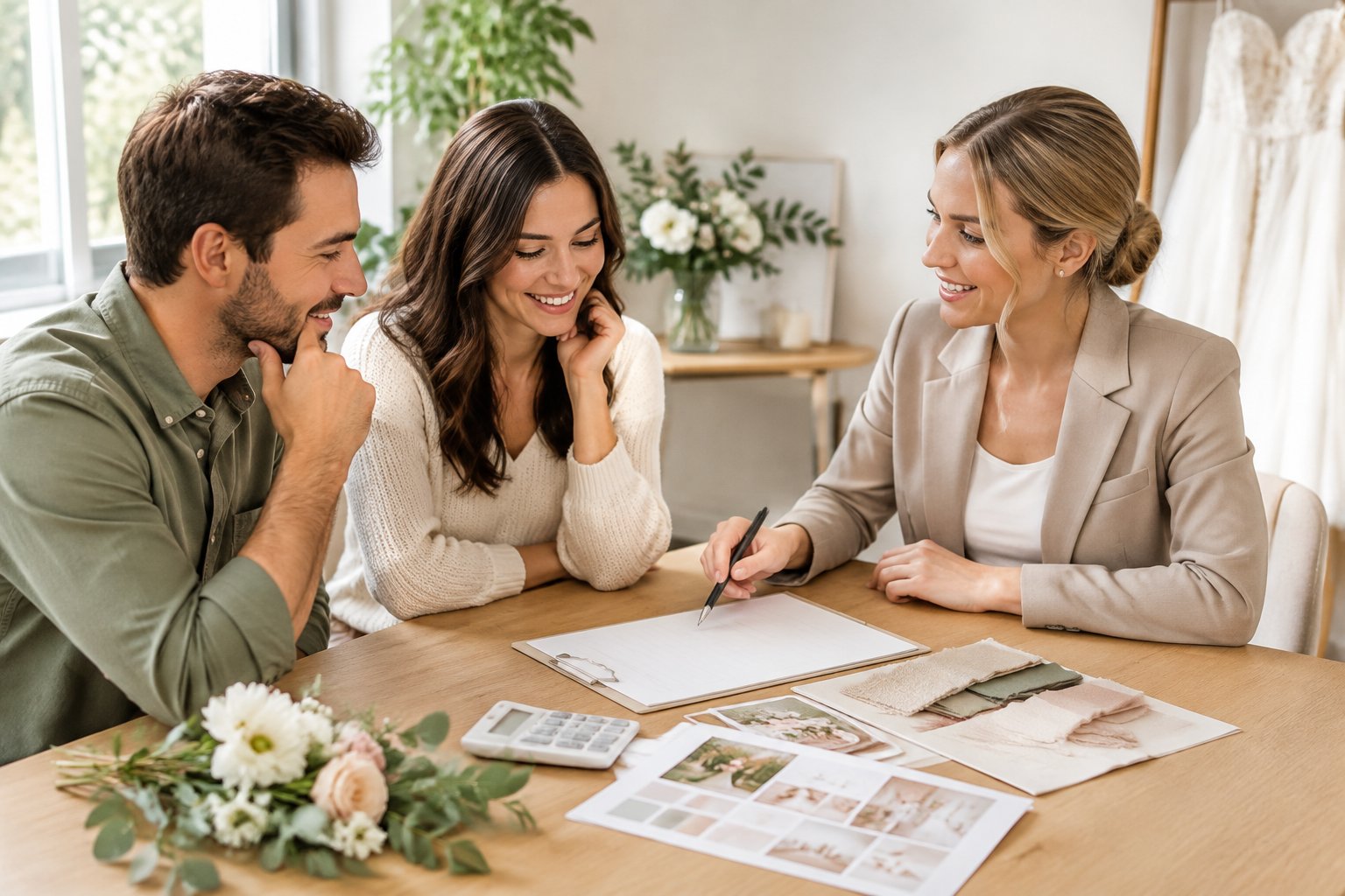 An engaged couple reviews wedding plans with a wedding planner at a table.