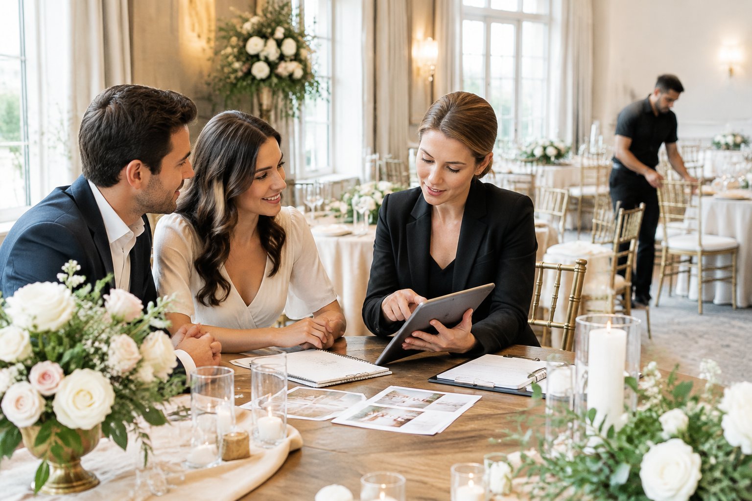 A wedding planner discusses reception arrangements with an engaged couple while staff prepare the venue.