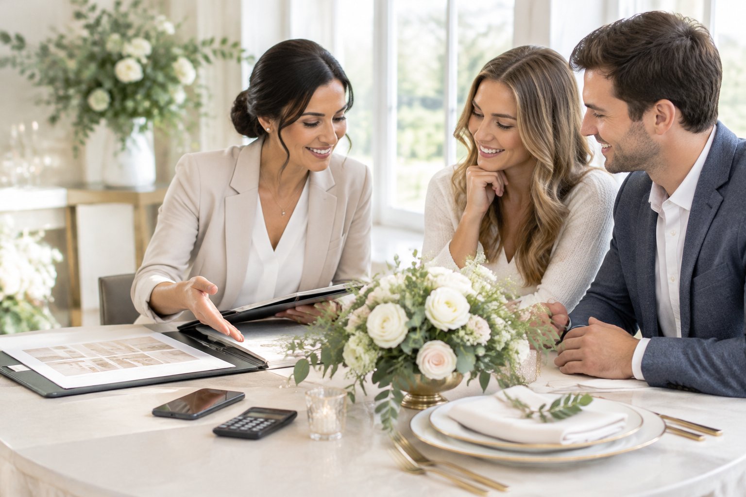 A wedding planner reviews details with a relaxed engaged couple at a venue.