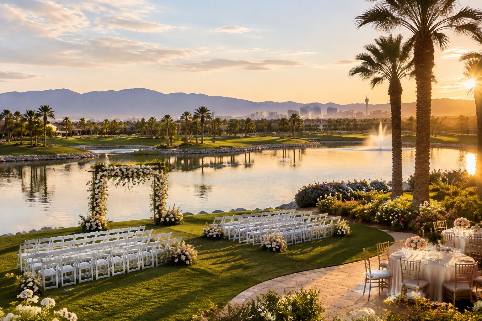 A wedding ceremony setup beside a lake in Las Vegas.