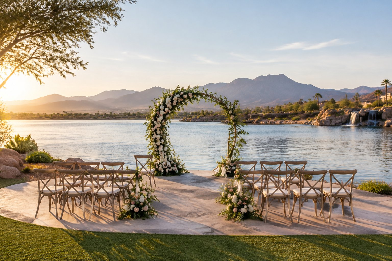 A floral wedding arch and rows of chairs beside a lake in a desert landscape.