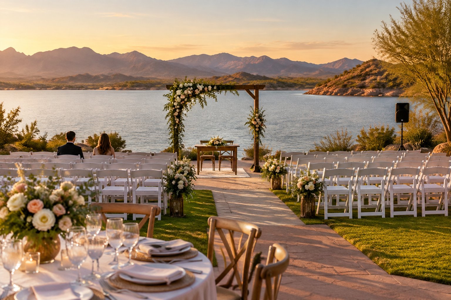A wedding ceremony setup beside a lake, with chairs, flowers, and a decorated reception table.