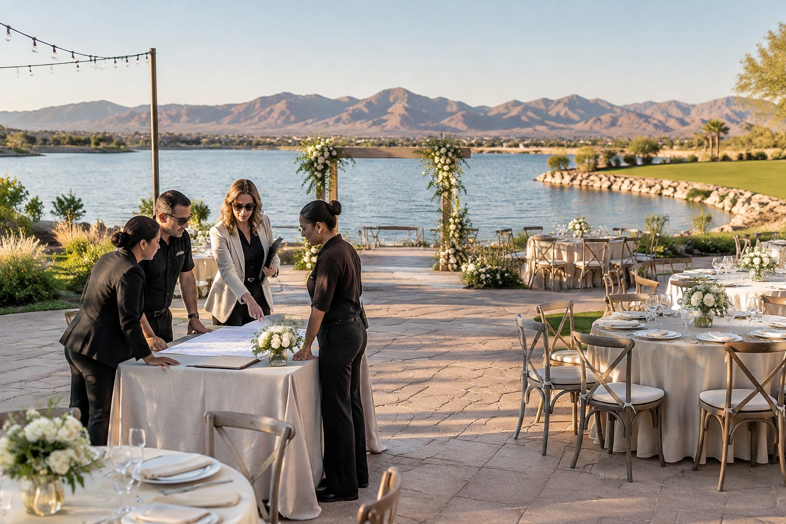 Wedding planners review a reception setup beside a lake.