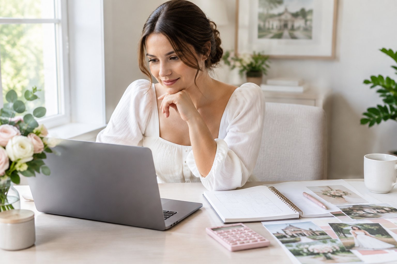 A bride-to-be reviews wedding plans at a desk with a laptop and notebook.