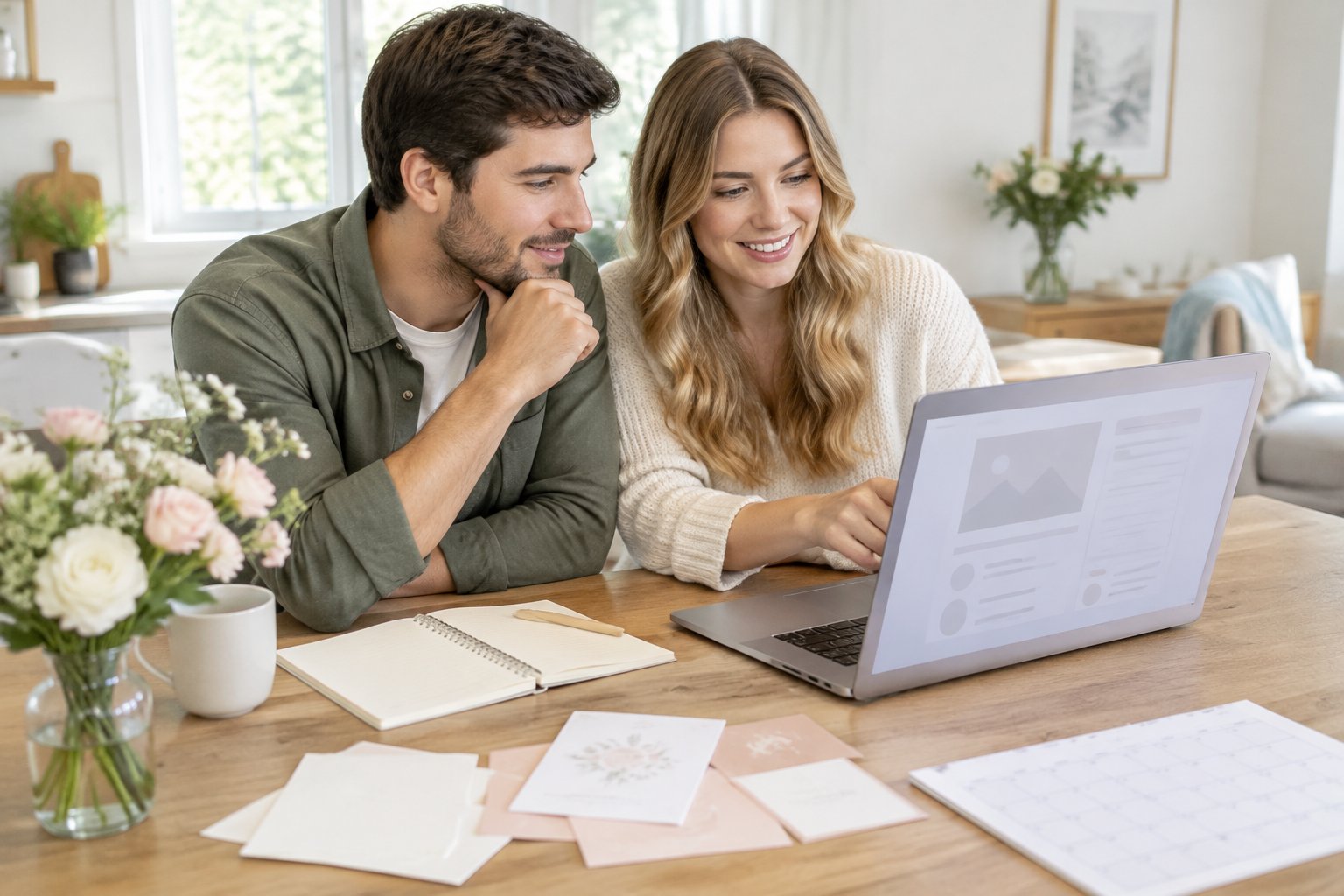 An engaged couple plans their wedding together at a kitchen table with a laptop.