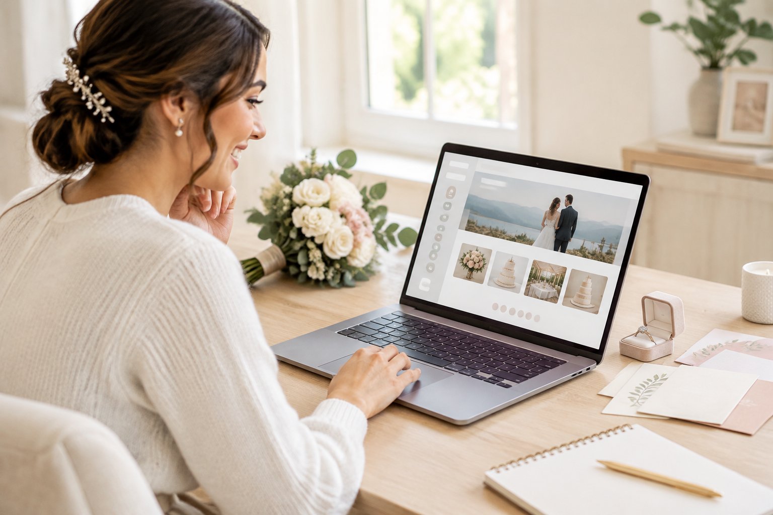 A bride-to-be uses a laptop at a desk with wedding-planning items nearby.