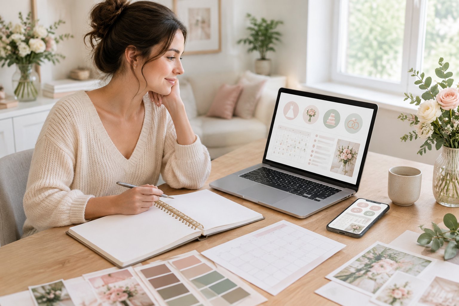 A bride-to-be organizes wedding plans at a desk with a laptop, planner, and floral samples.