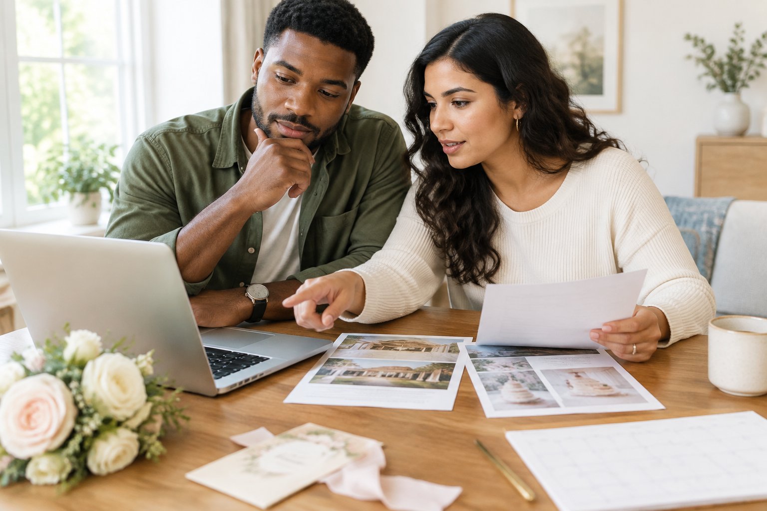 An engaged couple reviews wedding plans and compares costs at a home workspace.