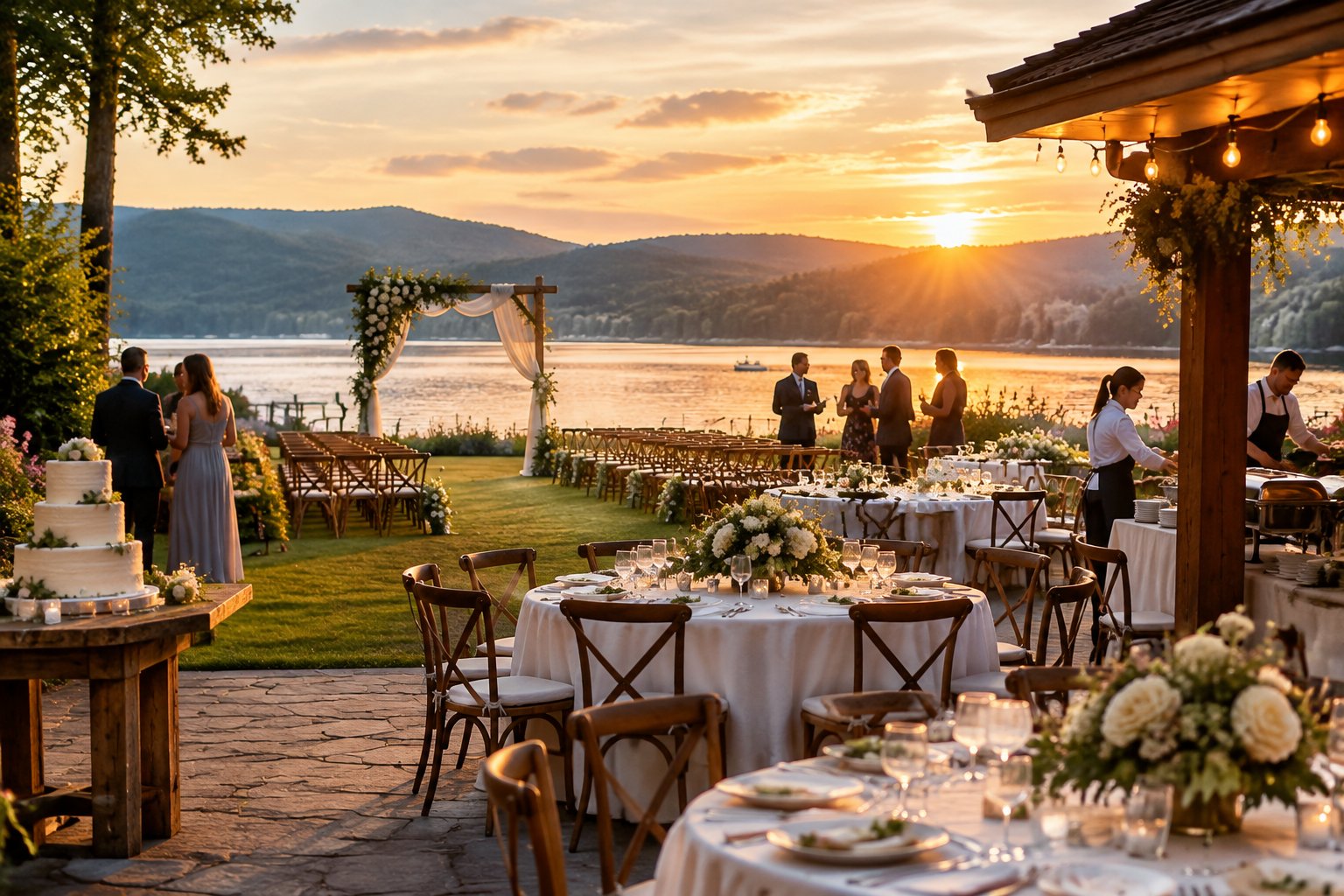 A wedding reception set beside a lake with guests, decorated tables, and a floral ceremony arch.