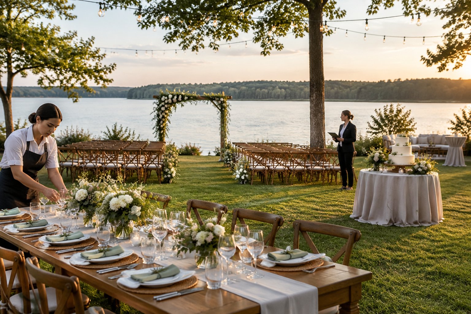 A wedding reception and ceremony setup beside a calm lake.