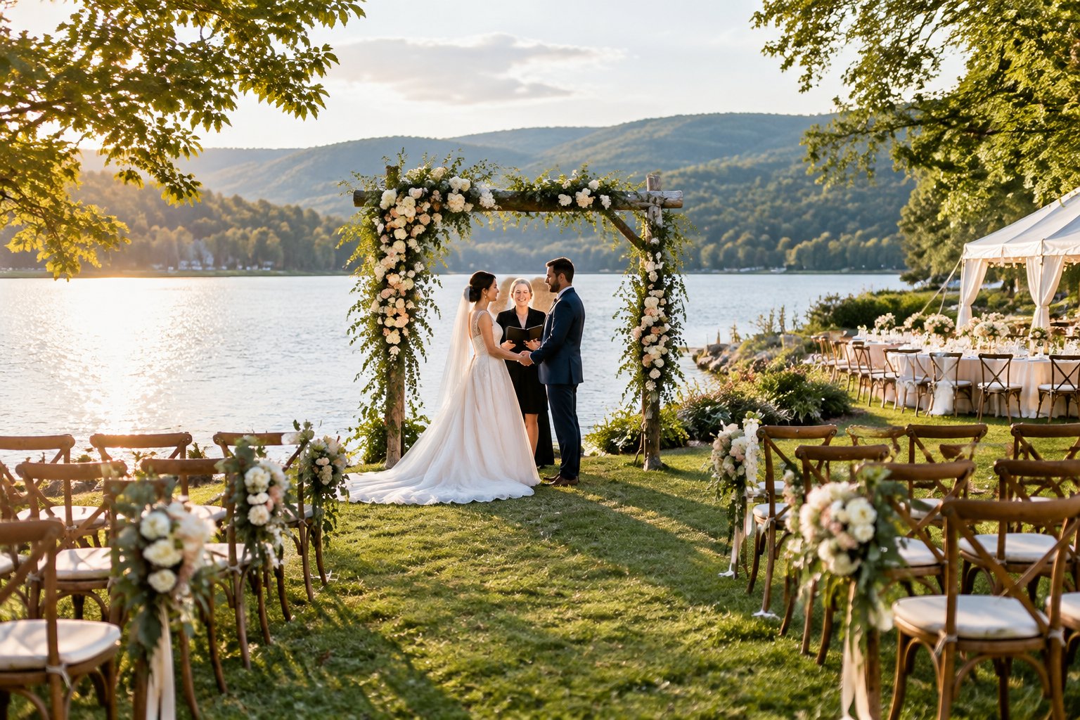 A wedding ceremony set beside a lake, with a floral arch and rows of guest chairs.