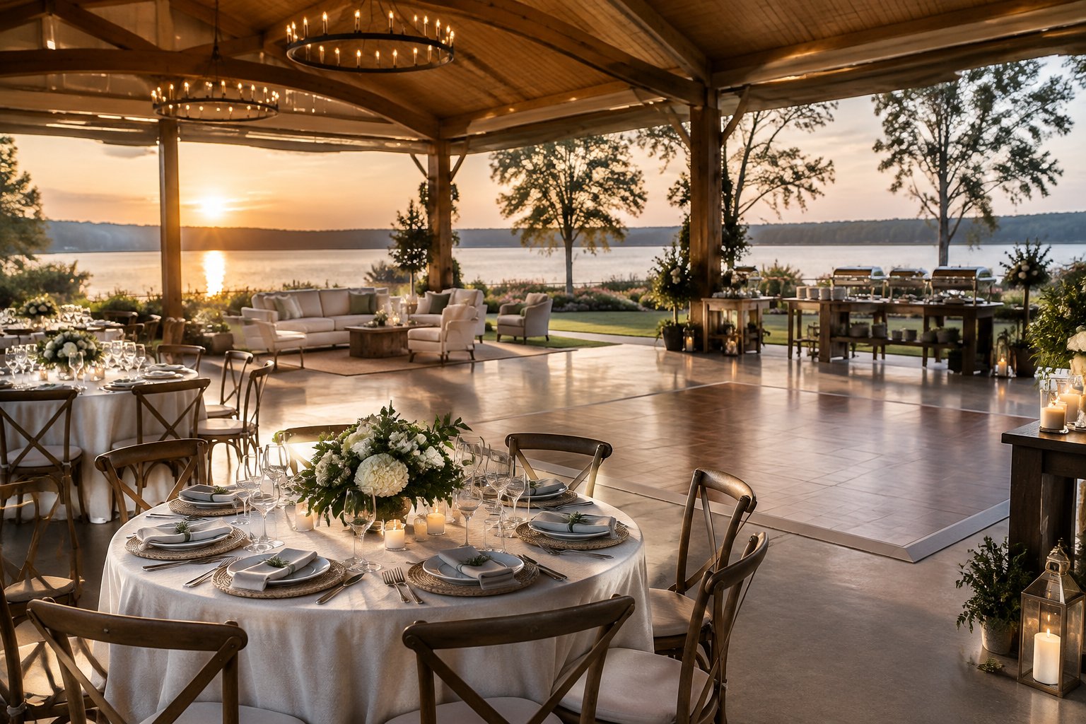 A lakeside wedding reception pavilion with decorated tables, a lounge area, and views of the water.