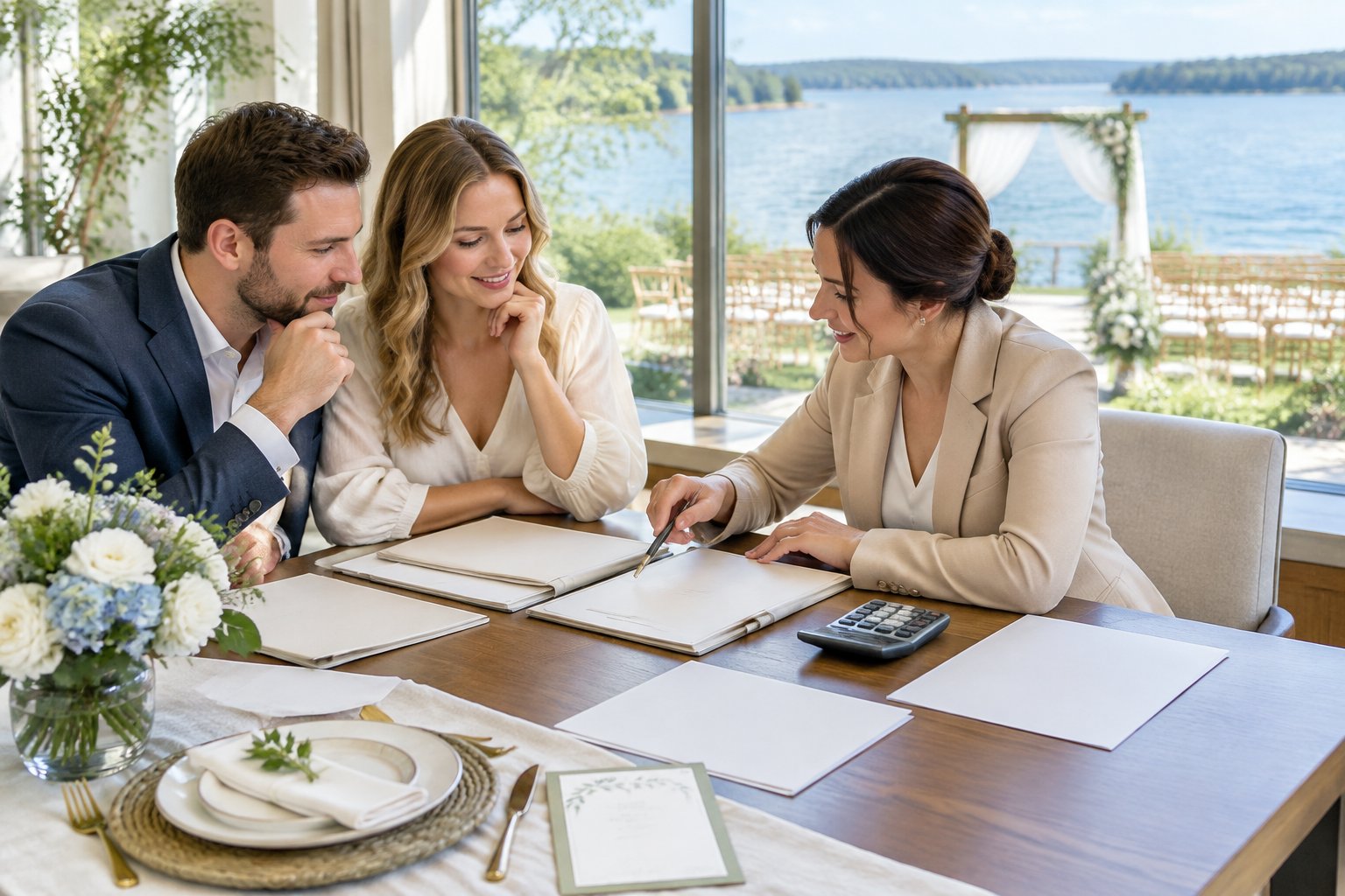A couple and wedding coordinator review proposal folders at a table overlooking a lakeside wedding venue.