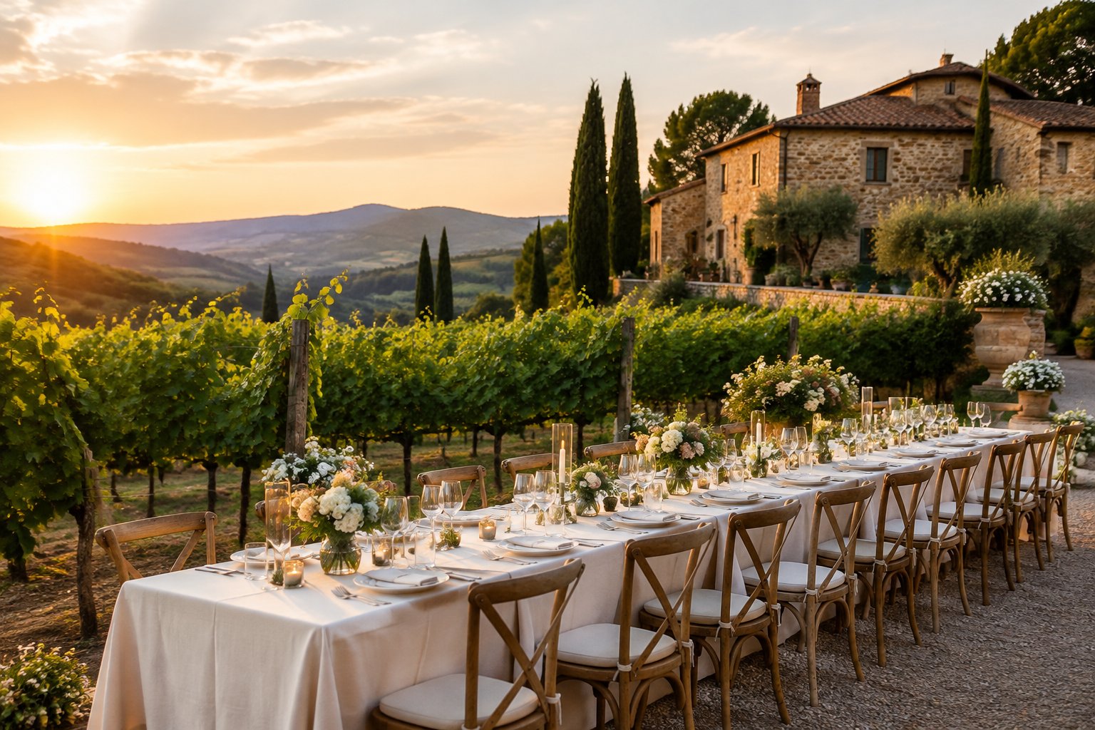 A wedding reception table set among grapevines beside a stone villa.