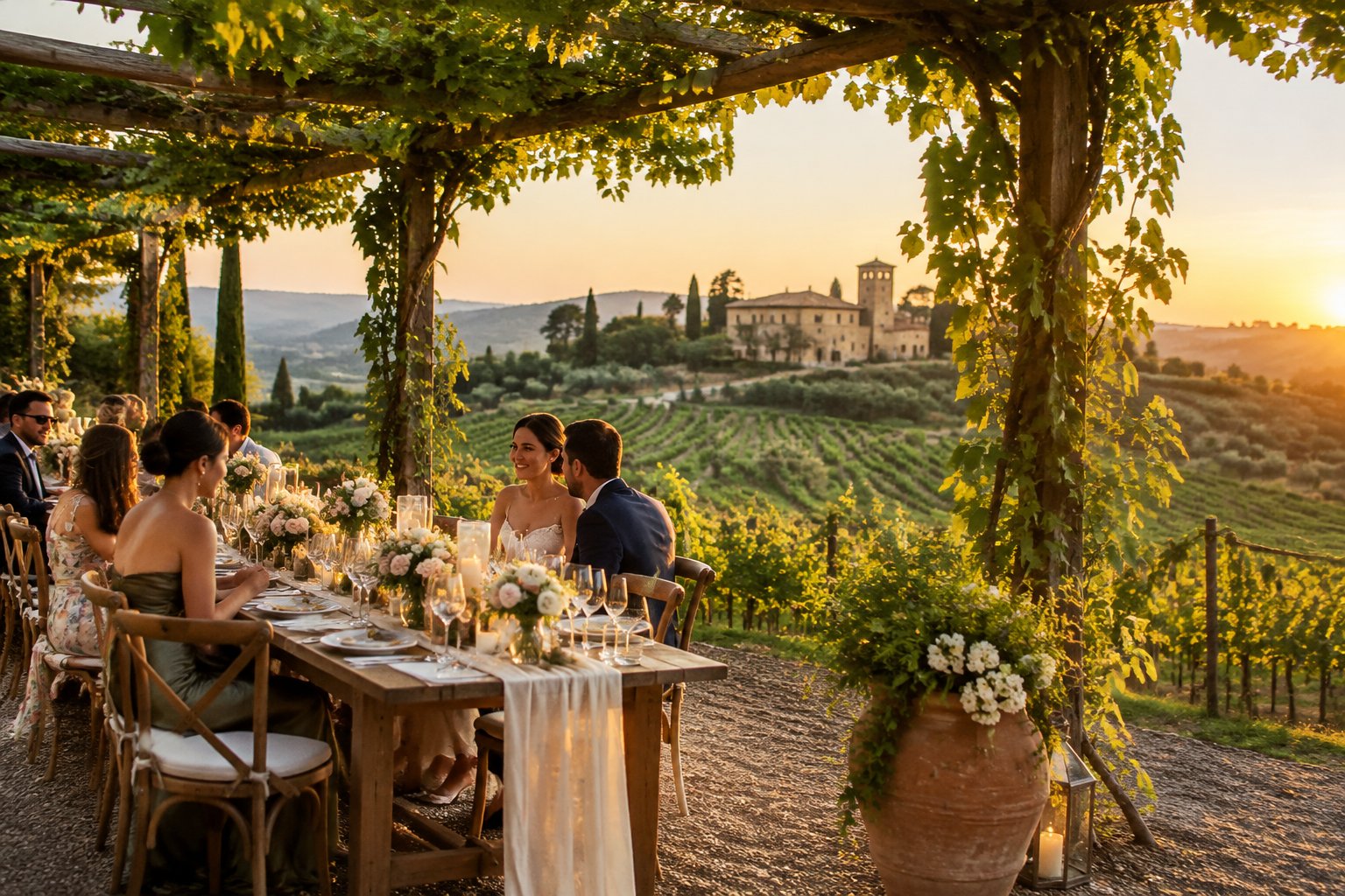 A wedding reception table set among Italian vineyards with rolling hills and a stone villa nearby.
