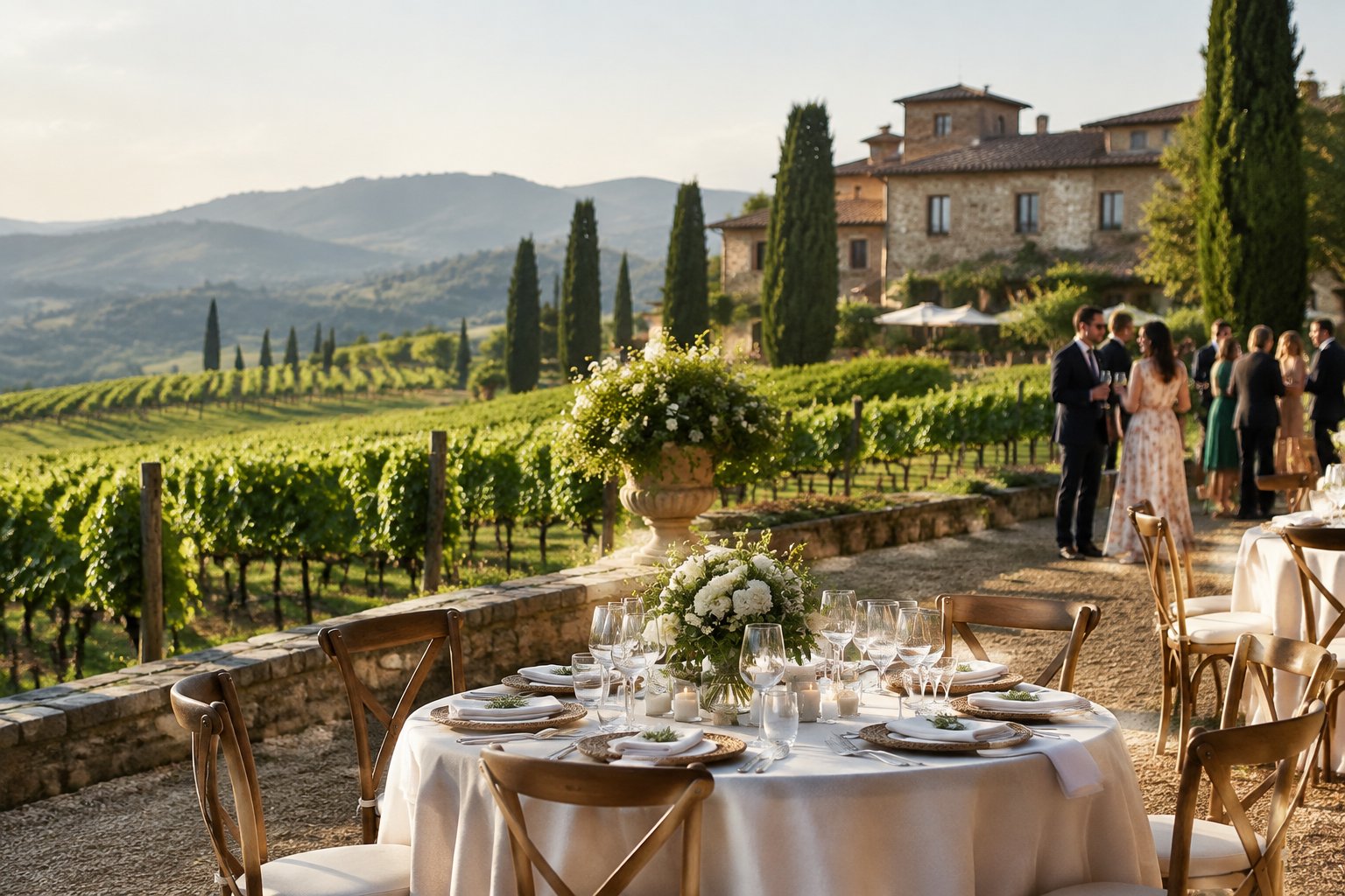 A wedding reception set among Tuscan vineyard rows beside a stone villa.