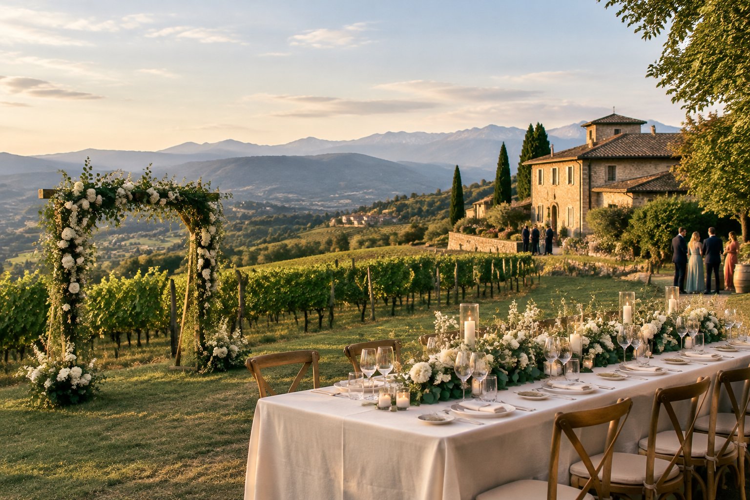 A wedding reception table set among vineyard rows beside a stone farmhouse.
