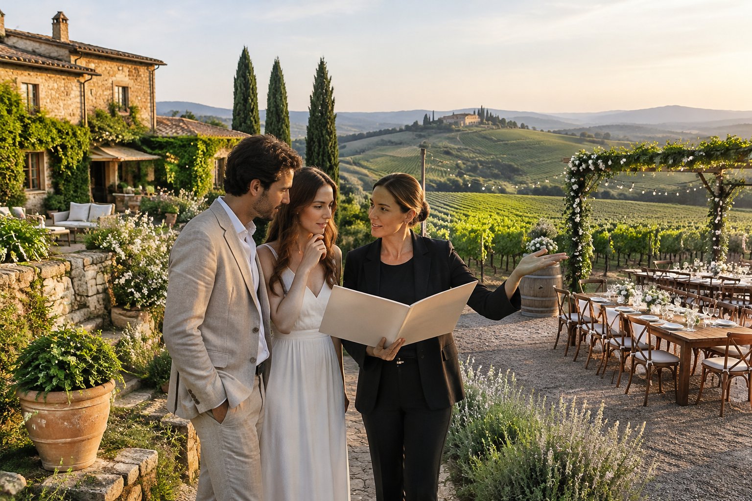 A couple and wedding planner compare two reception spaces at an Italian vineyard.