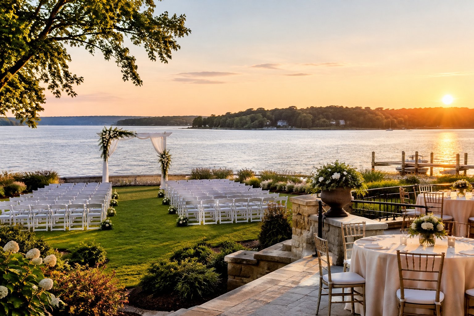 A wedding ceremony setup beside a calm lake, with rows of chairs and a floral arbor.