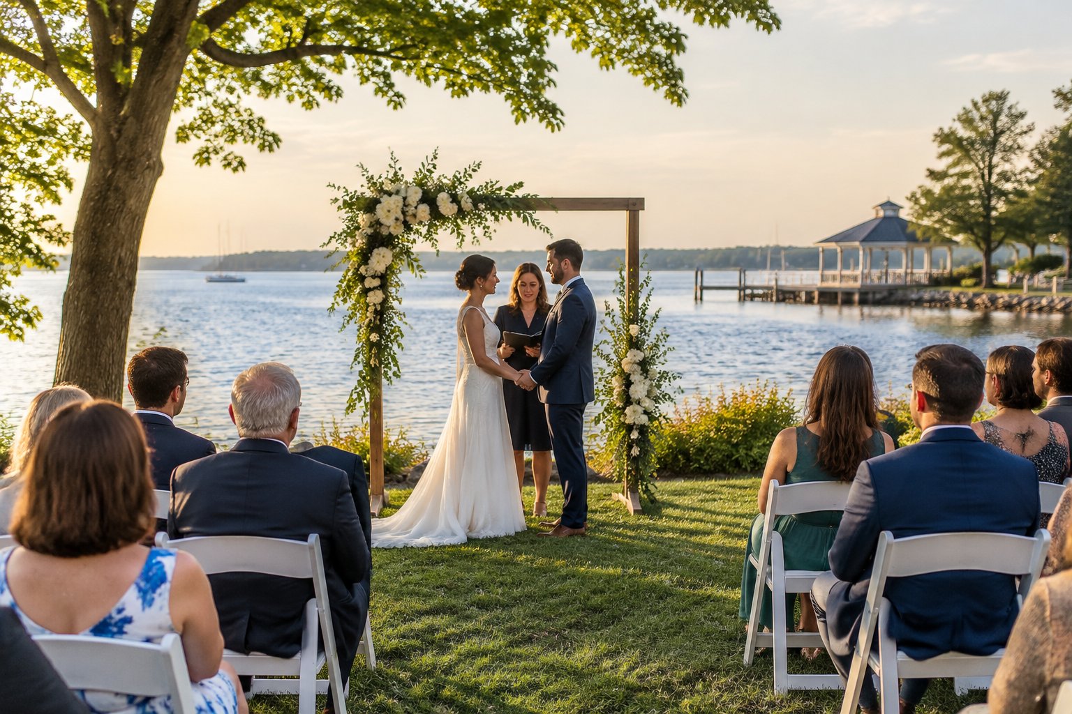 A couple exchanges vows beside a lake as guests watch from the grassy shore.