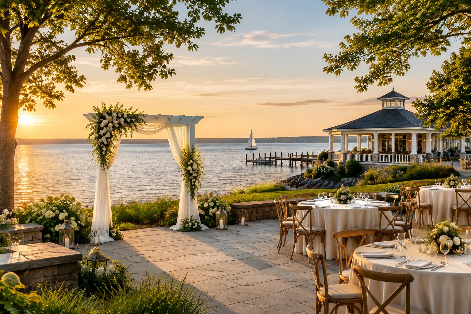 A wedding reception terrace beside calm water, with tables, a white arbor, and a waterfront pavilion.