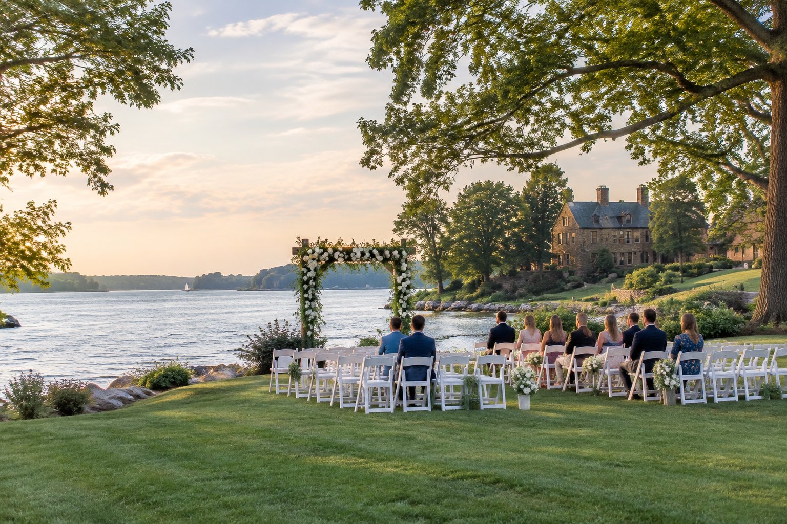 A wedding ceremony setup on a grassy lakeshore with guests and trees nearby.