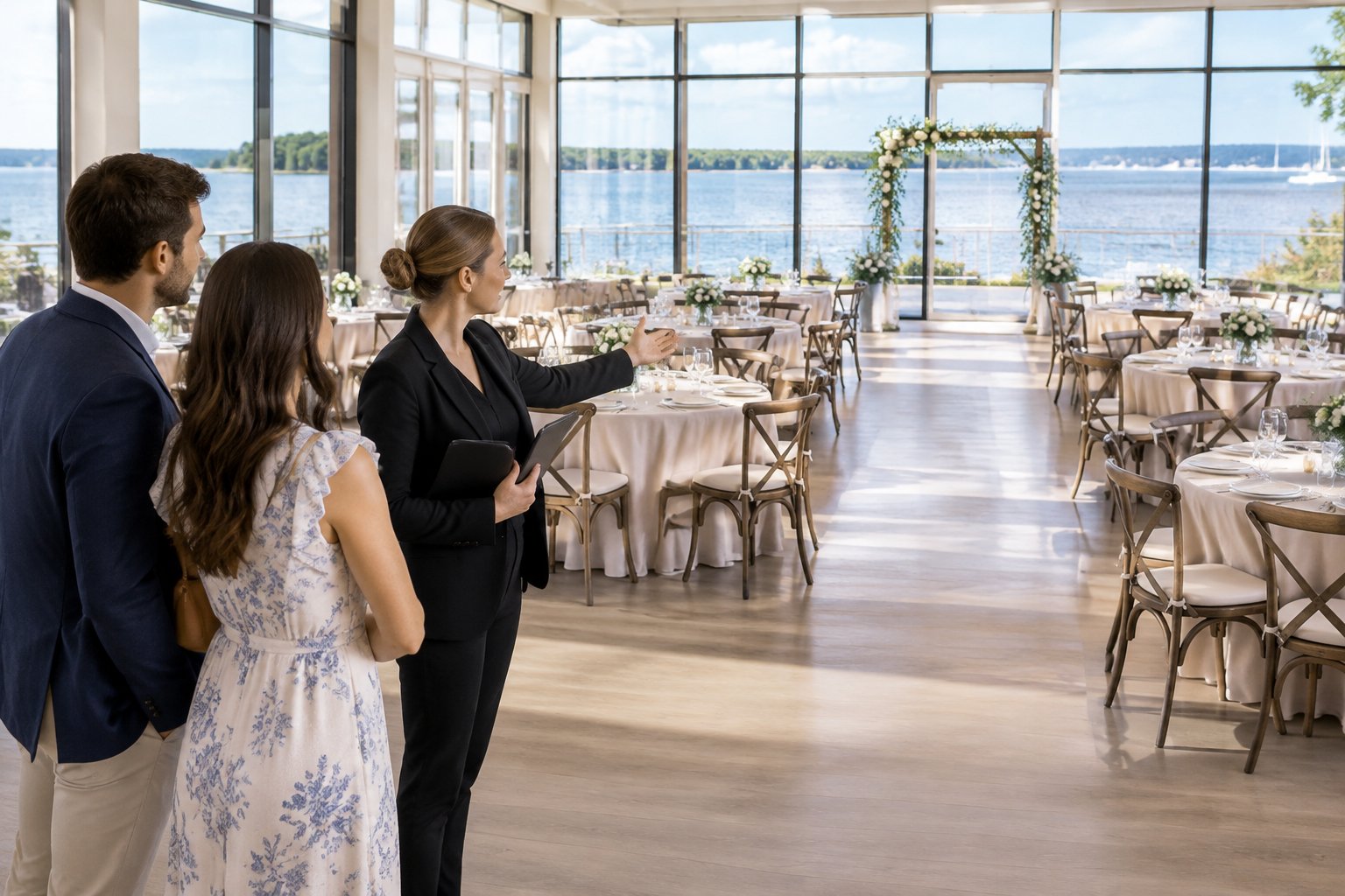 A couple and venue coordinator review a wedding reception layout beside a lake.