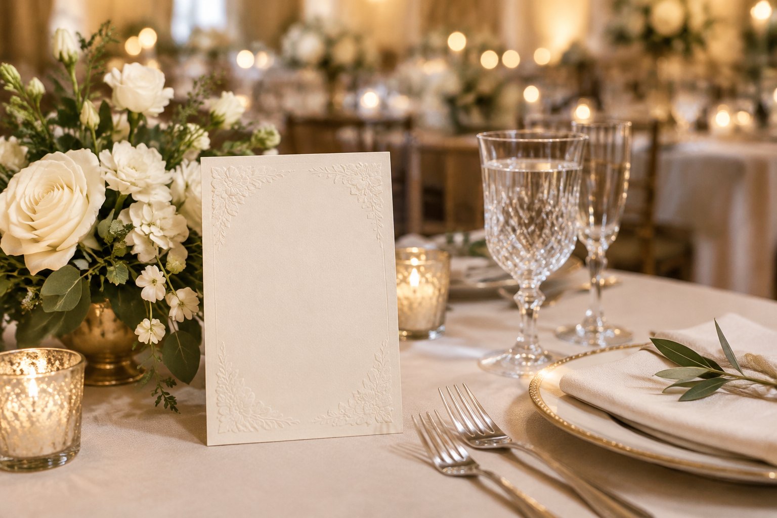 A blank card beside a place setting and flowers on a wedding reception table.