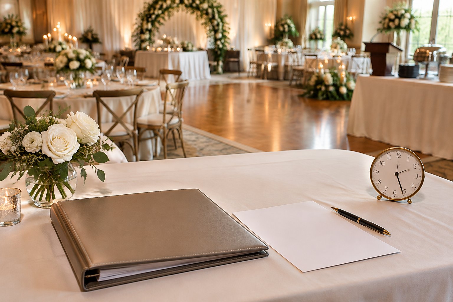 A wedding reception venue prepared with guest tables and a planner binder.