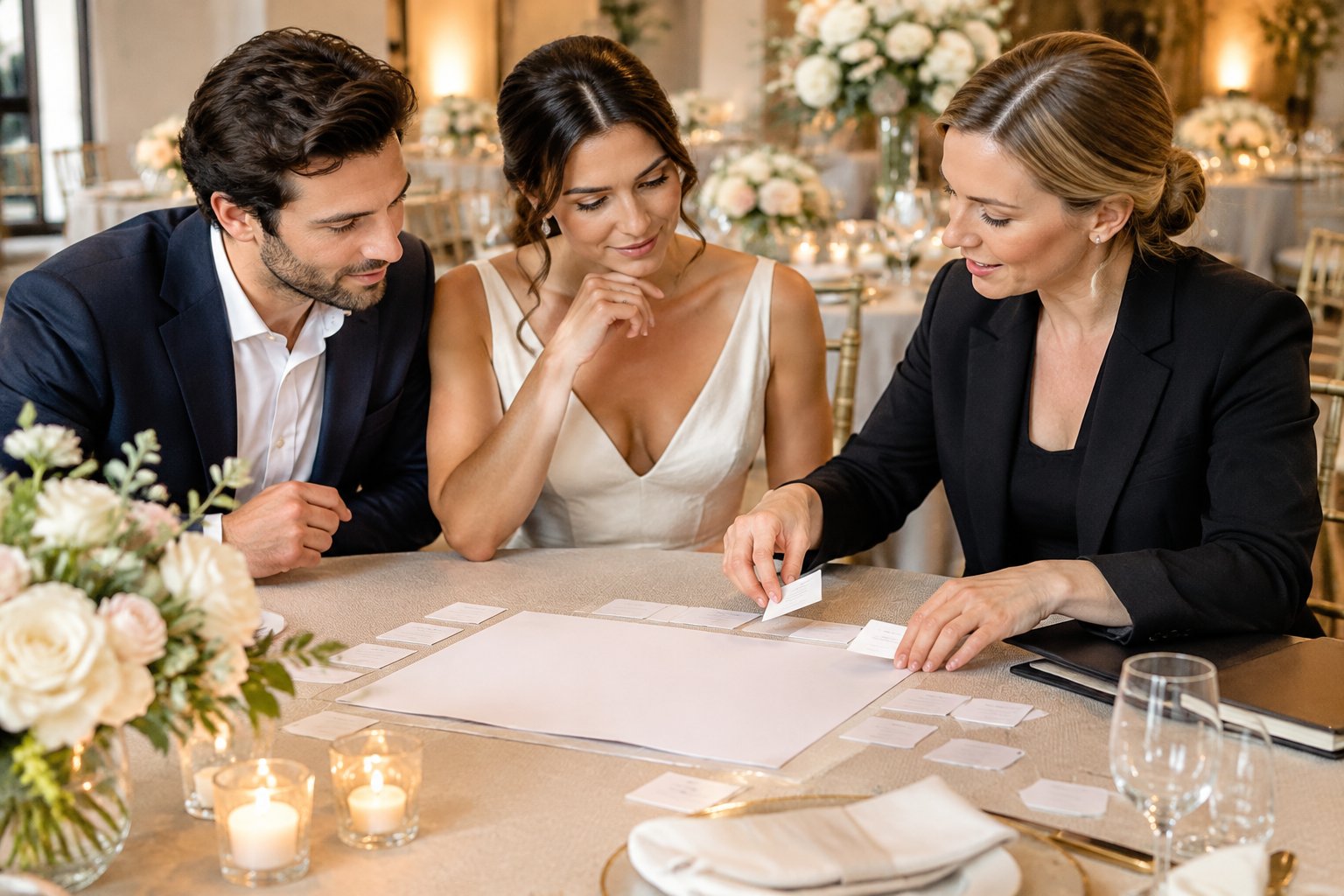 A couple and wedding planner review a reception schedule together at a decorated table.