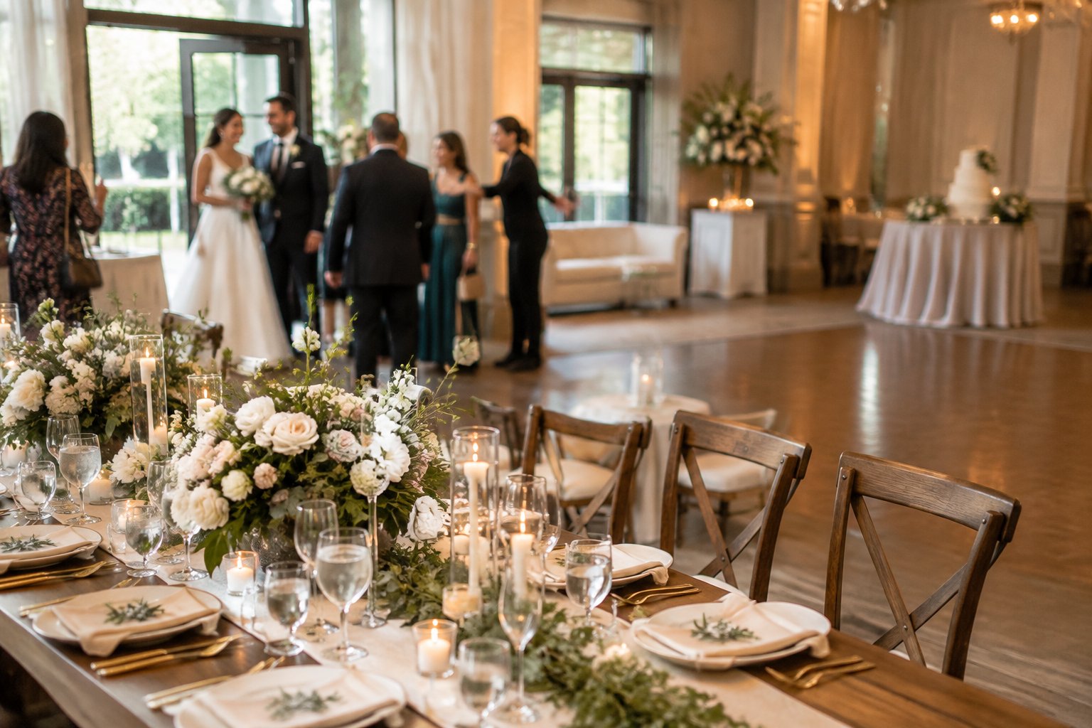 A newlywed couple welcomes guests to an elegant wedding reception.