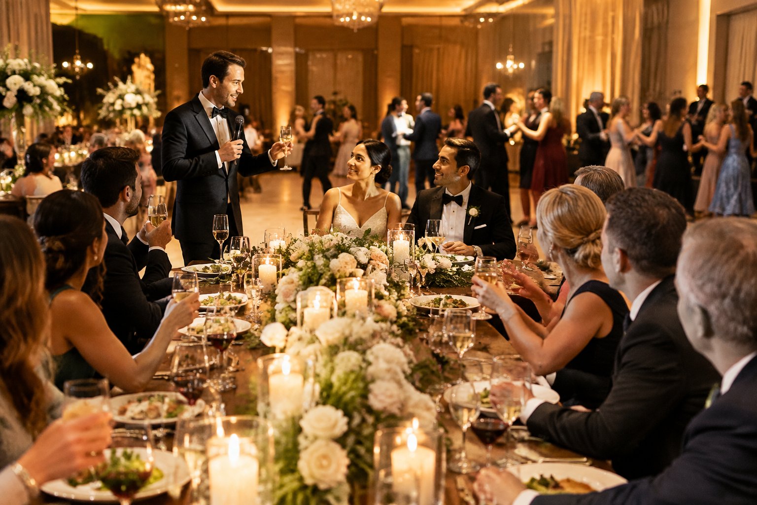 Wedding guests dine, listen to a toast, and dance at a reception.