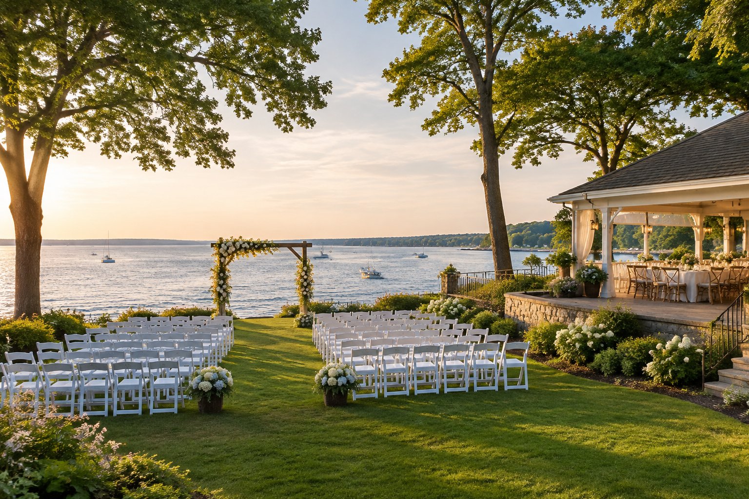 A wedding ceremony setup on a lawn beside a calm bay.