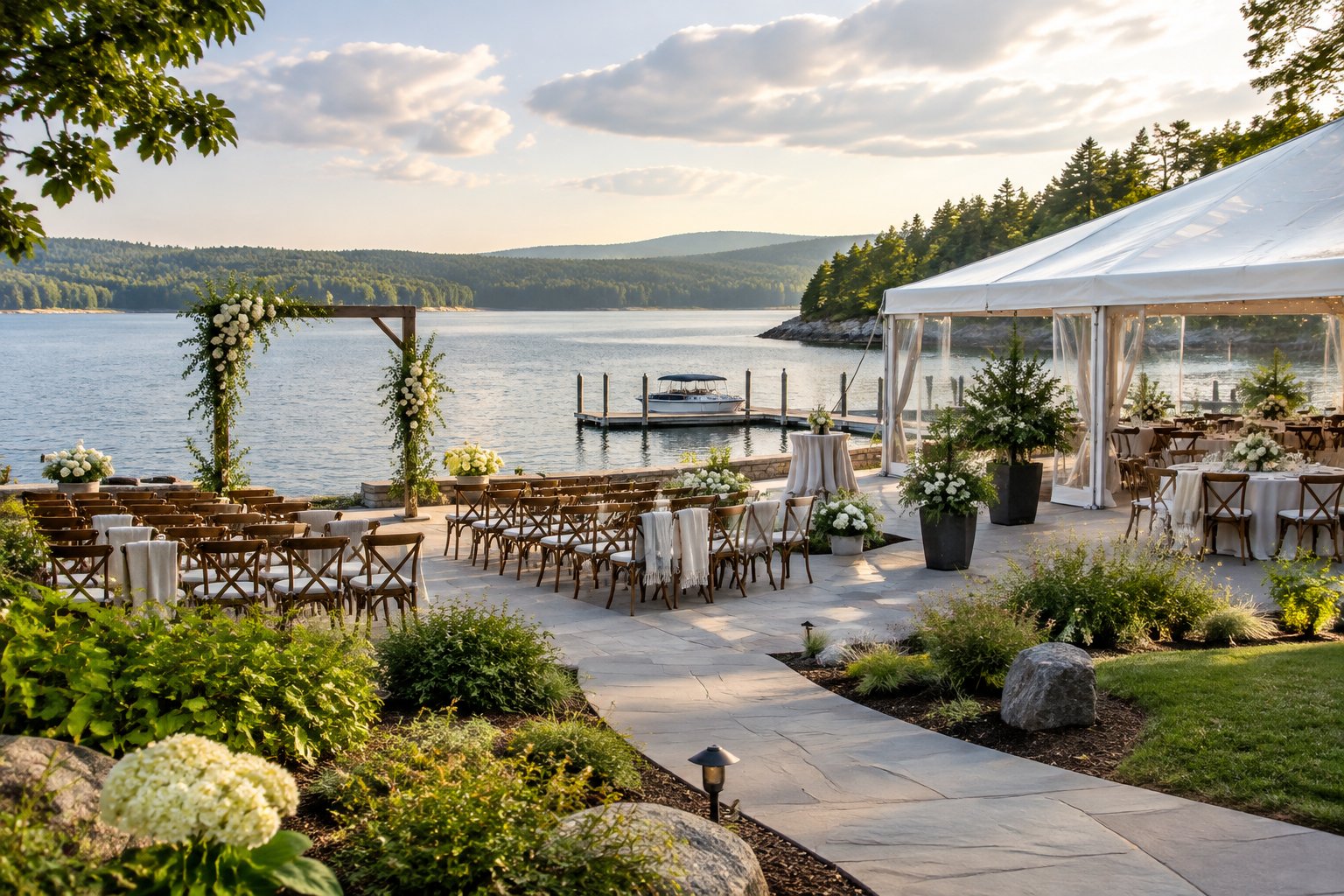 A lakeside wedding reception set on a terrace beside a calm bay, with a covered shelter and dock nearby.