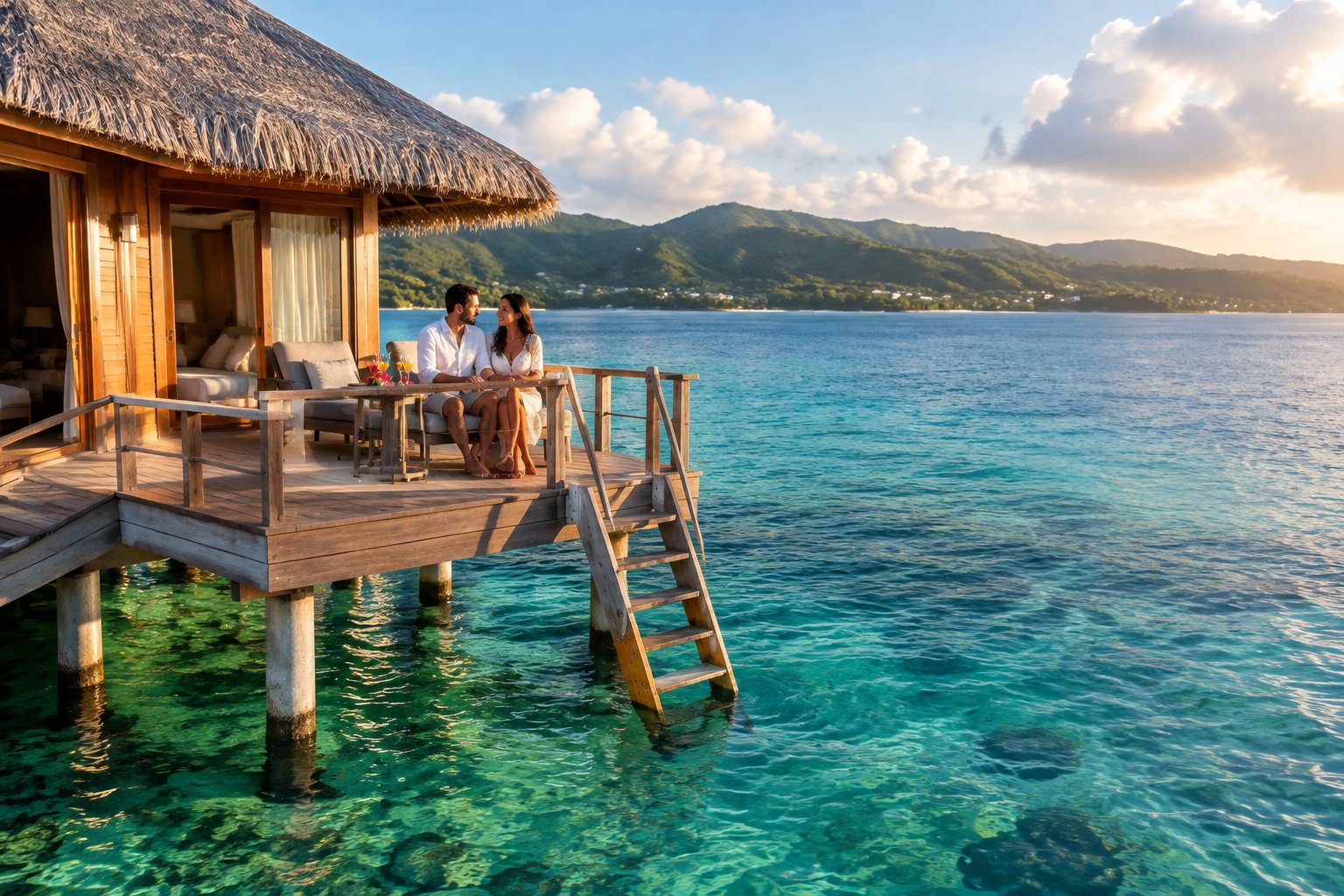 A couple relaxes on the deck of an overwater bungalow above clear Caribbean water.