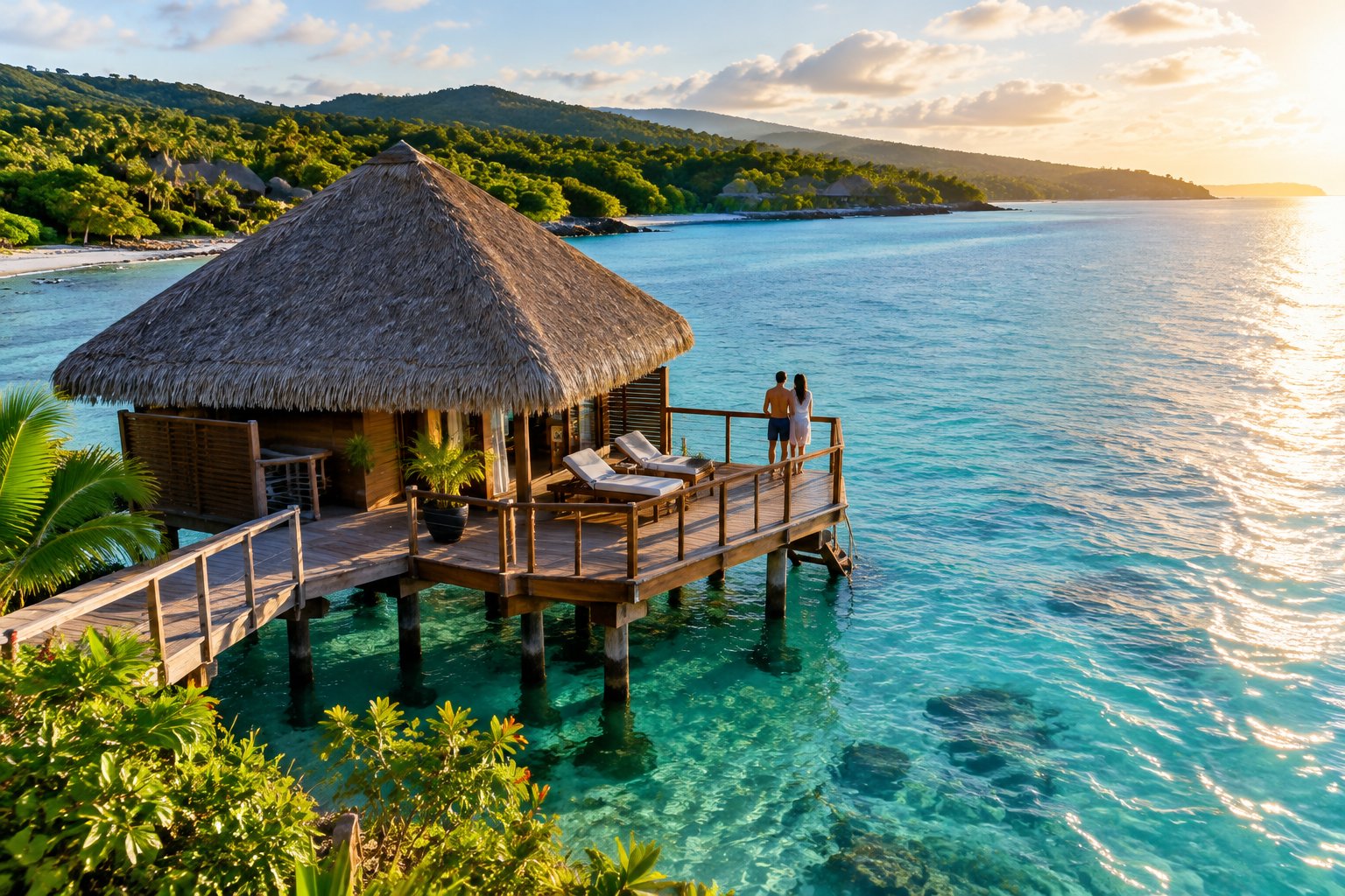 A couple relaxes on an overwater bungalow deck above turquoise Caribbean water.