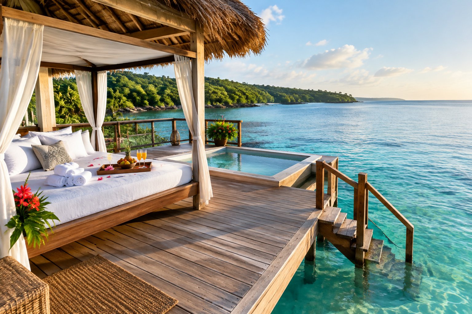 A romantic overwater bungalow deck with a daybed, tropical refreshments, and steps leading into clear turquoise water.